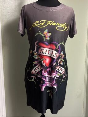 Vintage Ed Hardy Black Gray Tee Dress with Red & Purple Skull Heart Graphic Y2K